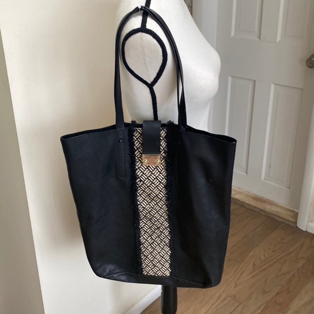 Loeffler Randall Black Tall Leather and Raffia Shopping Tote